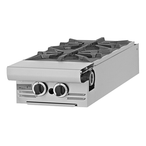 A Garland Master Sentry stainless steel natural gas range attachment with two burners.