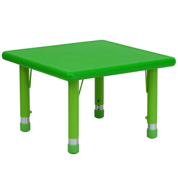 A Flash Furniture green plastic square kids table with adjustable legs.