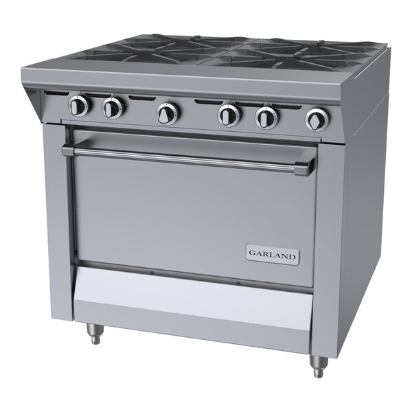 A stainless steel commercial range with four burners and a standard oven, designed for liquid propane use.