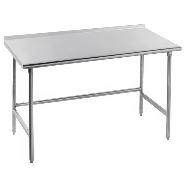 A silver Advance Tabco work table with a stainless steel rectangular top and legs.