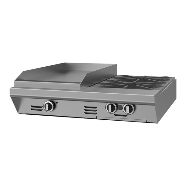A stainless steel modular range top with two burners and a 17-inch griddle, designed for liquid propane use.