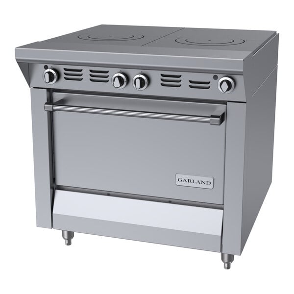 A commercial stainless steel range with two hot top sections and a standard oven, designed for natural gas use.