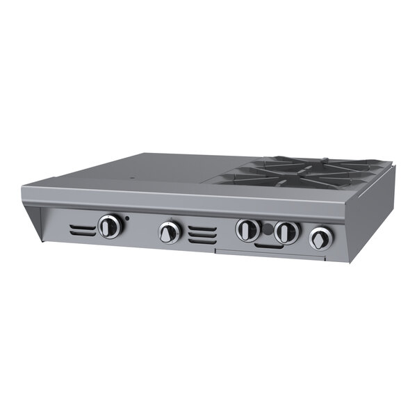 A stainless steel modular range top with two burners and a 17-inch hot top, designed for commercial kitchens.