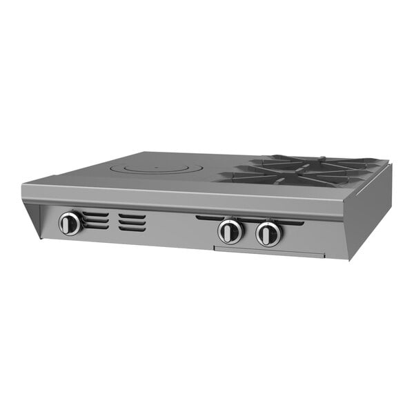 A stainless steel commercial range with two burners and a front-fired hot top attachment.