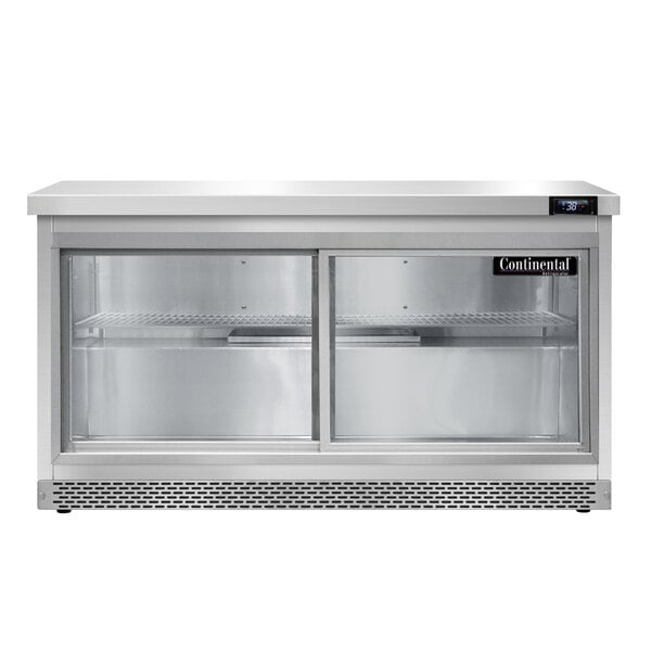 A stainless steel Continental undercounter refrigerator with sliding glass doors.
