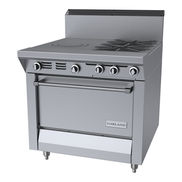 A commercial stainless steel gas range with two burners, a front-fired hot top, and a standard oven.