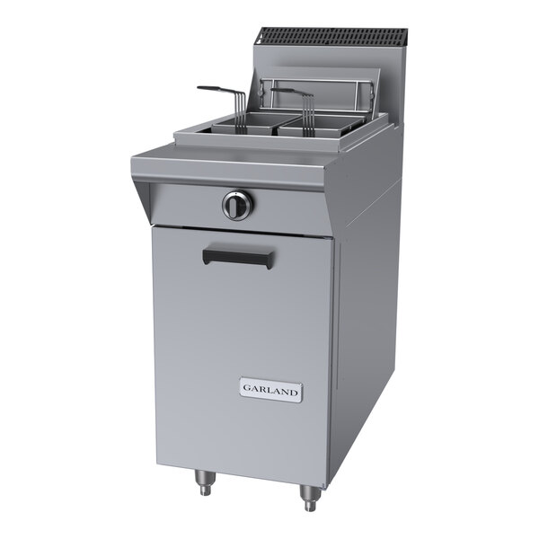 A stainless steel commercial floor fryer with two fryer baskets and a front control knob.
