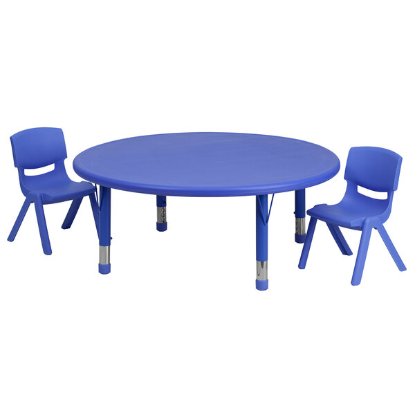 A blue plastic round table with two chairs.