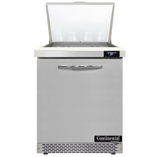 A Continental Refrigerator sandwich prep table with a door open.