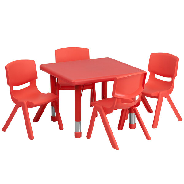 Flash Furniture YU-YCX-0023-2-SQR-TBL-RED-E-GG 24" Red Plastic Square Adjustable Height Activity Table with Four Chairs