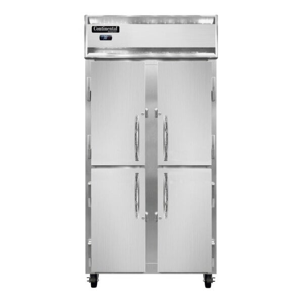 A Continental Refrigerator narrow reach-in refrigerator with two half doors.