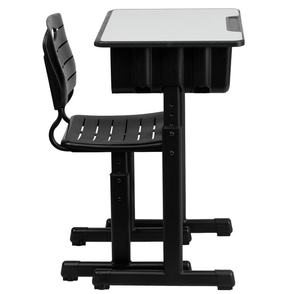 A black Flash Furniture student desk and chair.