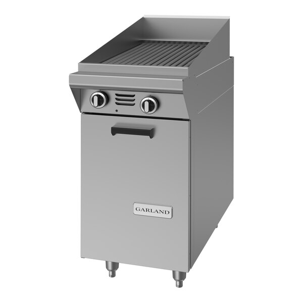 A stainless steel 17-inch briquette charbroiler with storage base and control knobs, designed for commercial kitchen use.
