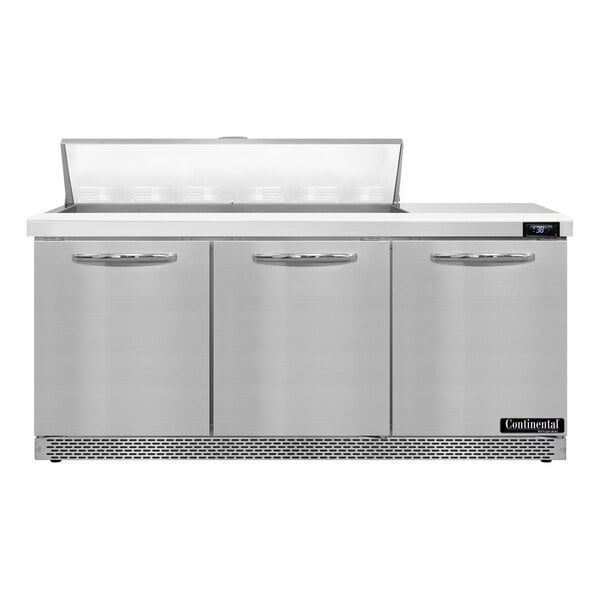 A Continental Refrigerator stainless steel refrigerated sandwich prep table with three doors.