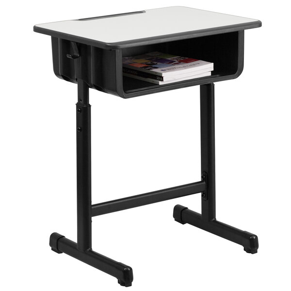 A black Flash Furniture student desk with a white surface and a shelf.