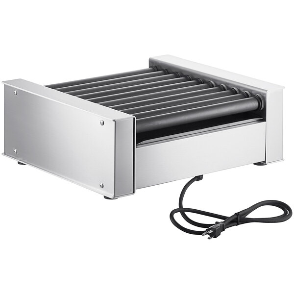 A Nemco stainless steel hot dog roller grill with a cord attached to it.