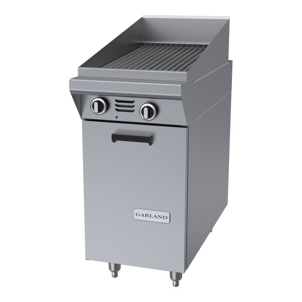 A stainless steel 17-inch Garland Master Sentry Series liquid propane charbroiler with storage base and electric ignition.