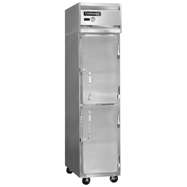 The upper half of a stainless steel Continental Refrigerator with a white door and handle.