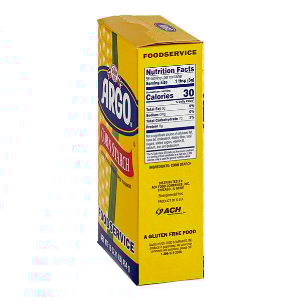 A yellow box of Argo Corn Starch with white and blue text showing nutrition information.