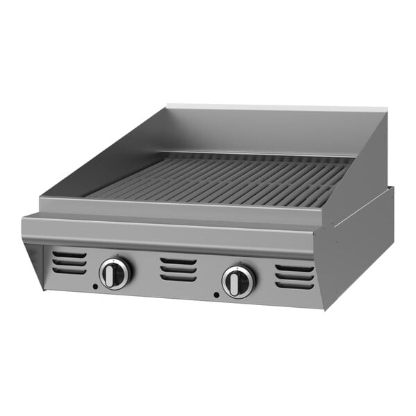 A stainless steel 24-inch modular top charbroiler with two control knobs and a slotted grilling surface.