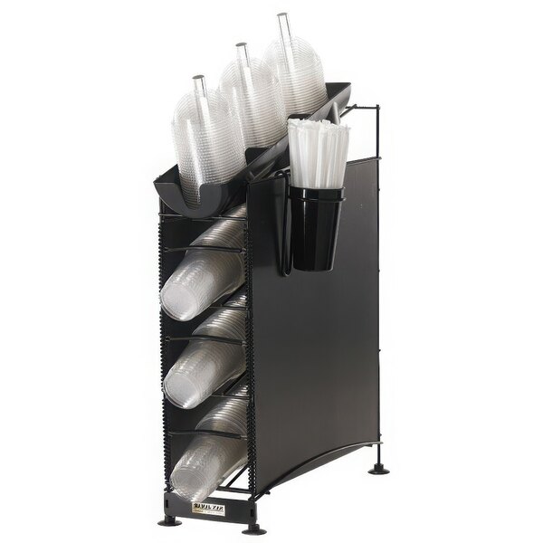 A black San Jamar Wireworks cup and straw organizer with plastic cups and straws in it.