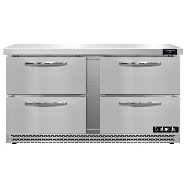 A stainless steel Continental undercounter freezer with four drawers.
