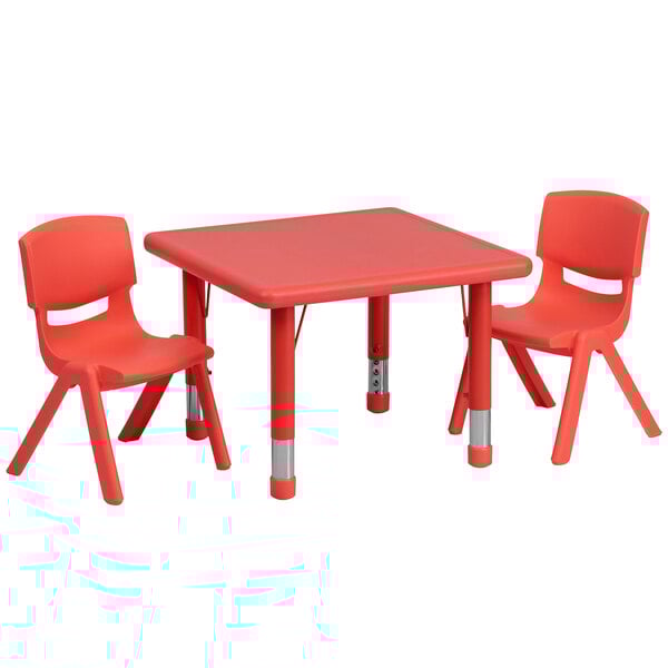 A red plastic square adjustable height table with two chairs.