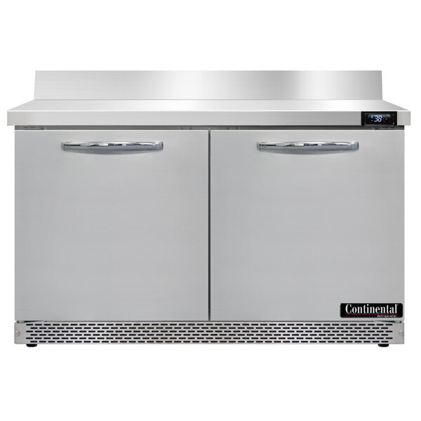 A stainless steel Continental Refrigerator worktop refrigerator with two doors.