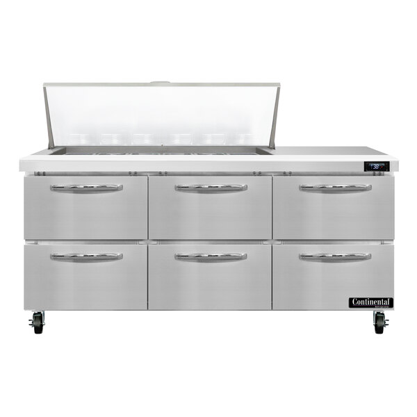 A stainless steel Continental Refrigerator with six drawers.