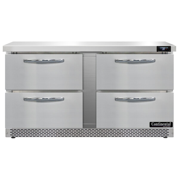 A stainless steel Continental Refrigerator undercounter refrigerator with four drawers.