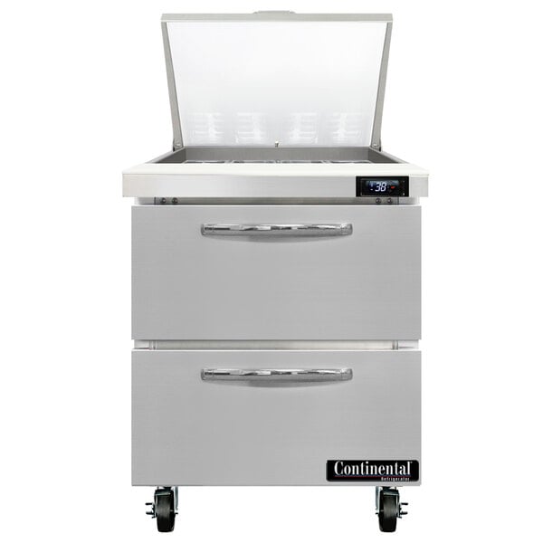 A stainless steel Continental Refrigerator with two white drawers and a clear cover.