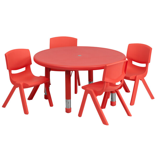 A red plastic table and chairs.