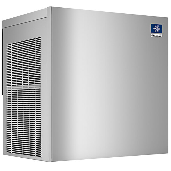 A white Manitowoc water cooled ice machine with a blue logo on the vent.