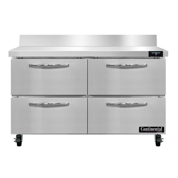 A stainless steel Continental Worktop Freezer with four drawers.