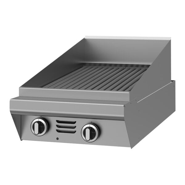 A stainless steel 17-inch modular top charbroiler with two control knobs and a raised back and sides.