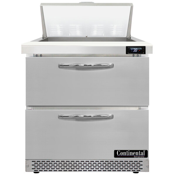 A Continental Refrigerator stainless steel sandwich prep table with 2 drawers.