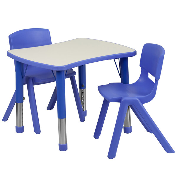 A blue plastic rectangular table with two blue plastic chairs.