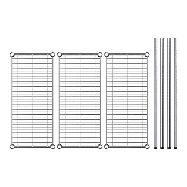 A Regency chrome wire rack with three shelves and metal rods.