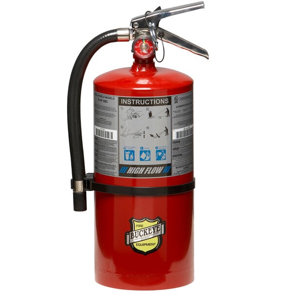 A red Buckeye fire extinguisher with a hose.