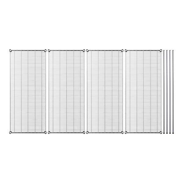 A set of four white metal shelves with metal grid shelves.