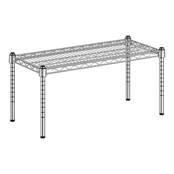 A close-up of a Regency chrome dunnage shelf with two legs.