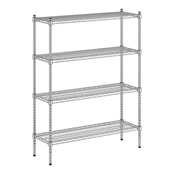 A wireframe of a Regency chrome wire shelving unit with four shelves.