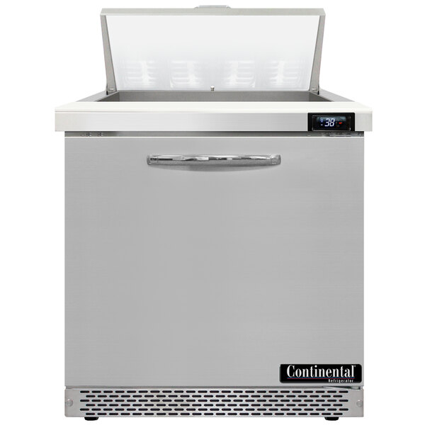 A silver Continental Refrigerator sandwich prep table with a door open.