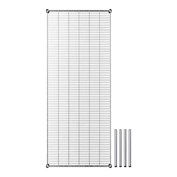 A metal grid shelf with metal rods.