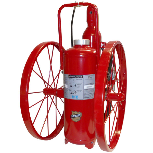 A purple Buckeye fire extinguisher with steel wheels.
