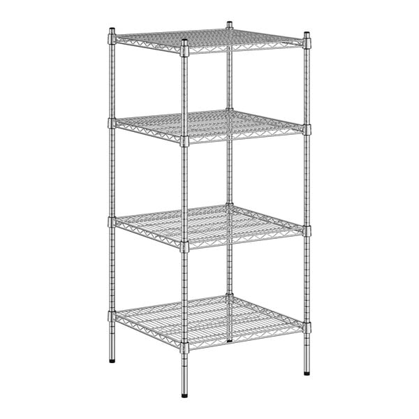 A wire shelving unit with four shelves.