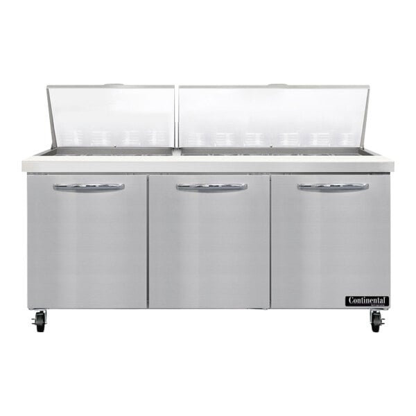 A stainless steel Continental Refrigerator sandwich prep table with three doors.