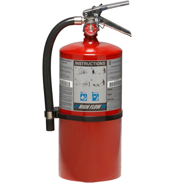 A purple Buckeye fire extinguisher with a black hose.