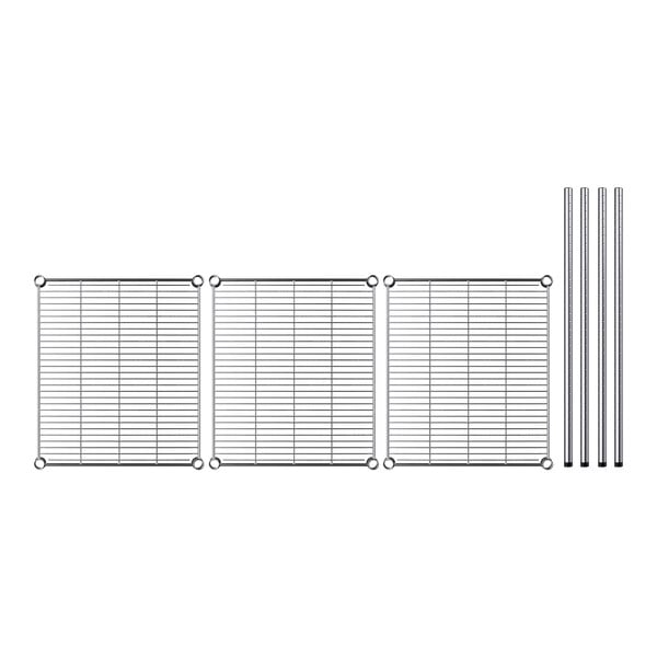 A Regency wire shelving kit with metal shelves and rods.