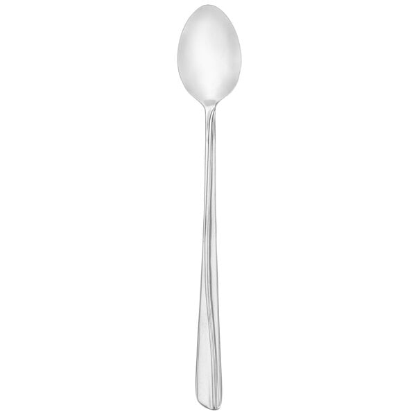 A silver spoon with a long handle.